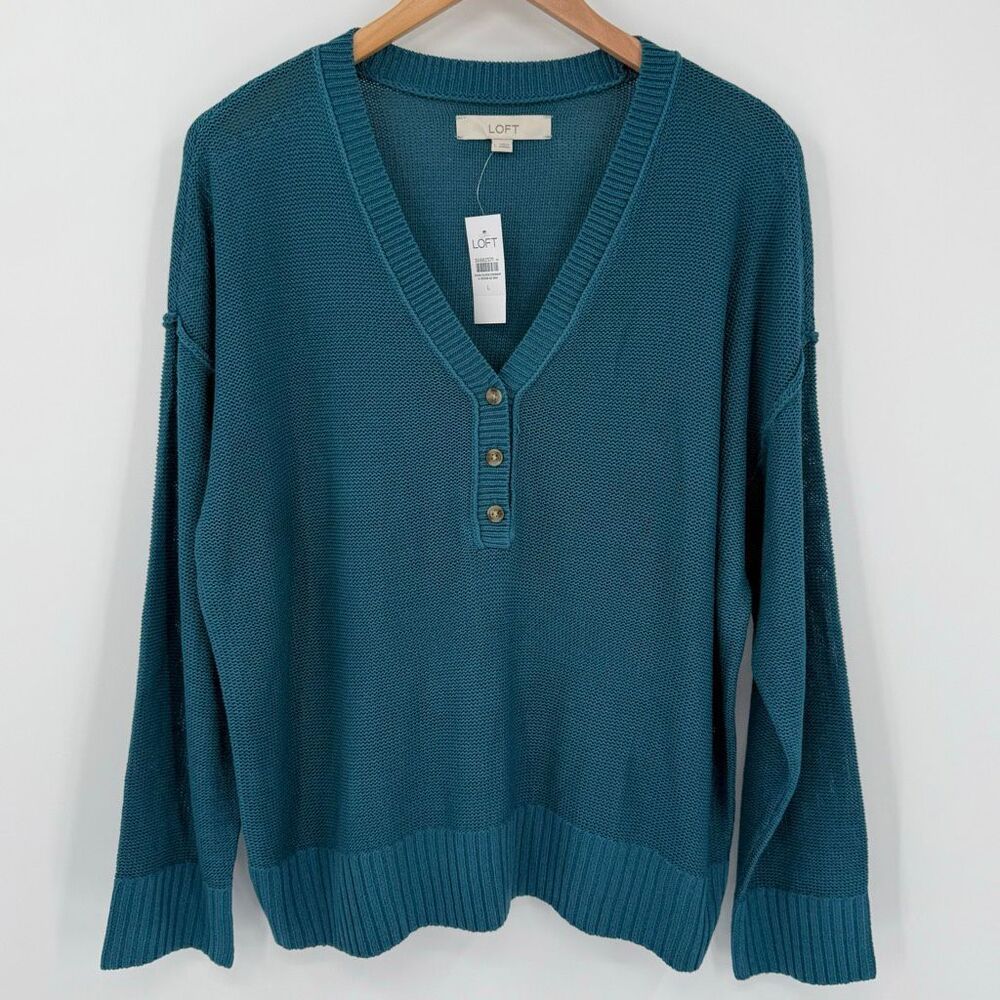 Loft Textured Stitch Henley‎ Sweater Long Sleeve V-Neck Teal Women Large NWT